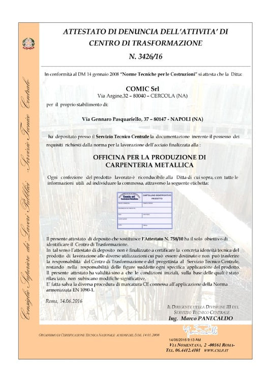 ATTESTATO CENTRO DI TRASFORMAZIONE N.3426/16